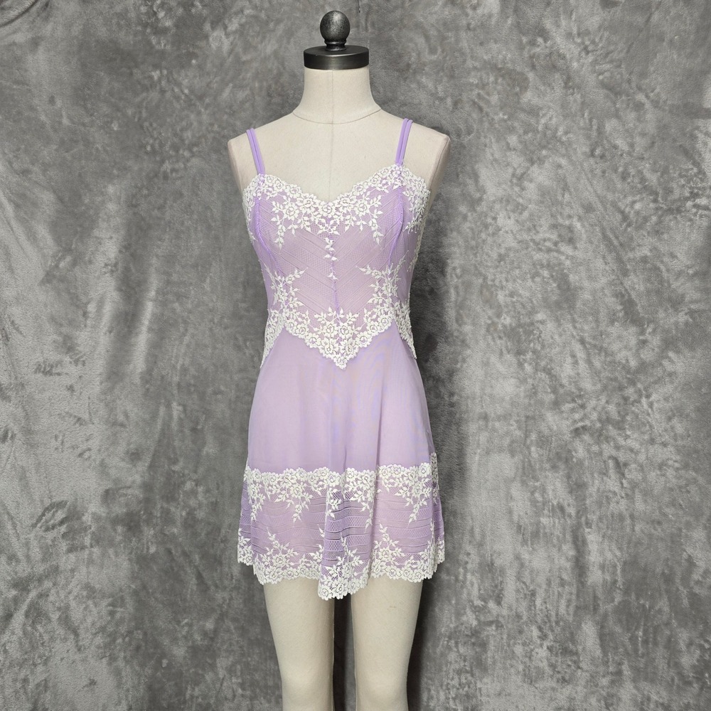Wacoal Chemise Slip Dress Women M Purple Lace Mesh Fairy Dainty Coquette Ballet